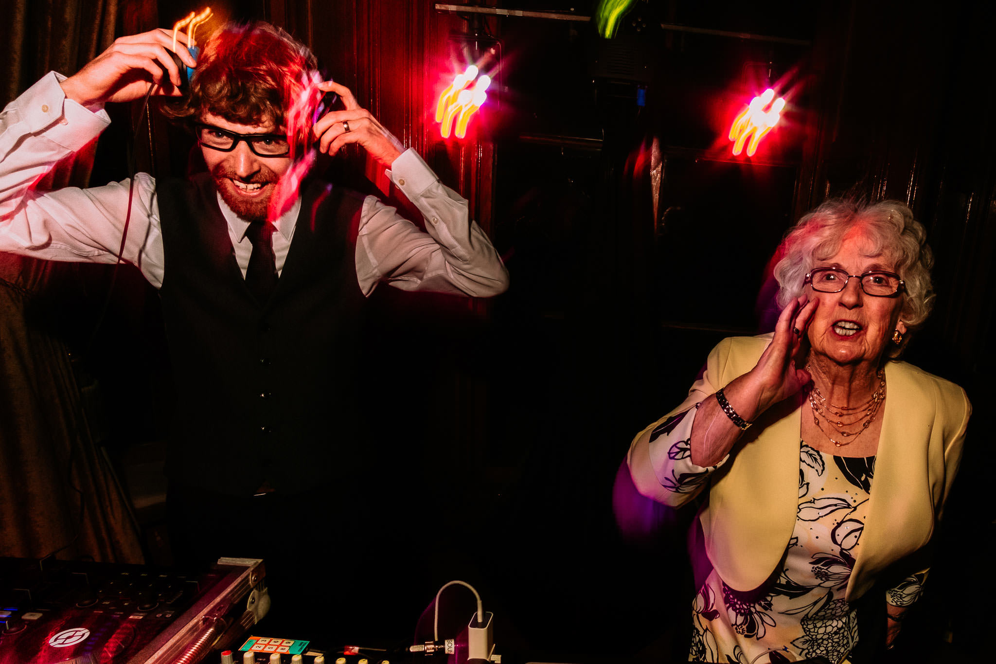 Drunk Grandma partying at Haigh Hall hotel Wigan with DJ decks. Disounts avaliable.