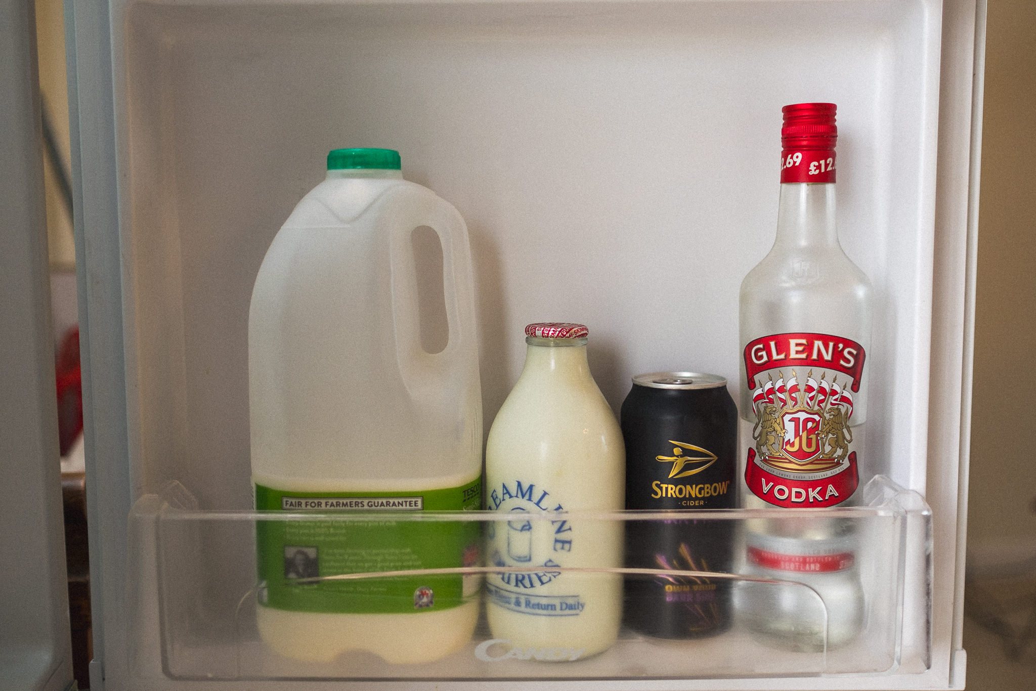 Grooms fridge photo, vodka, milk and cider for wedding party