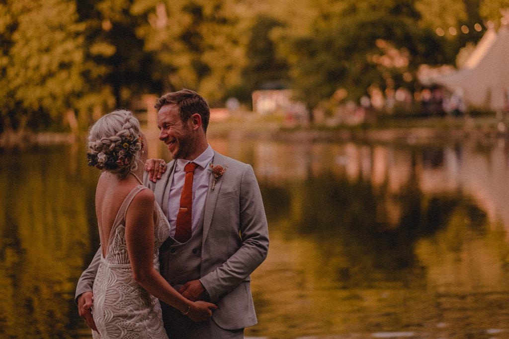 Newly married couple at The Roman Lakes in Marple.